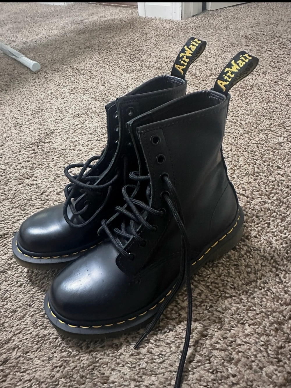 Dr. Martens Kids Black Leather Lace-Up Boots with Yellow Stitching